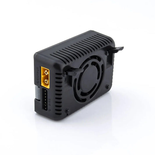Black power supply unit with fan on a white background