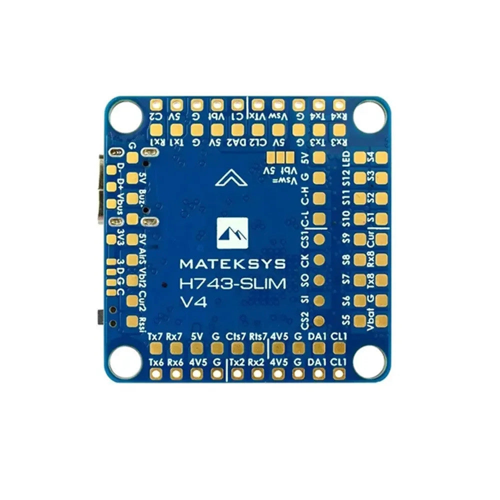 Matek H743 Slim V4 Flight Controller — bottom side with pin labels