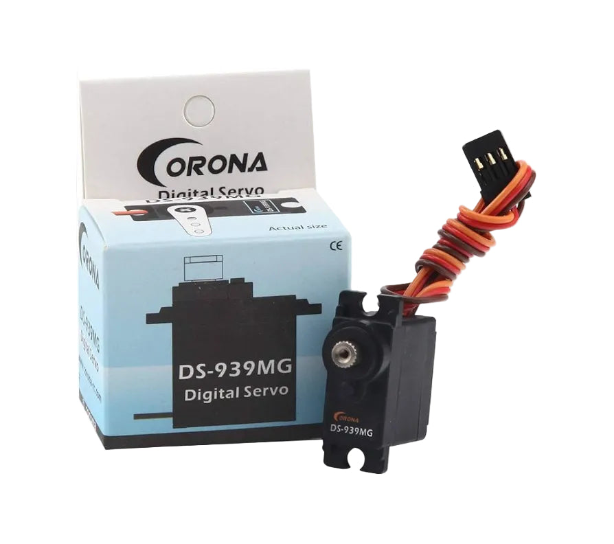 Corona digital servo with wiring and packaging on a white background
