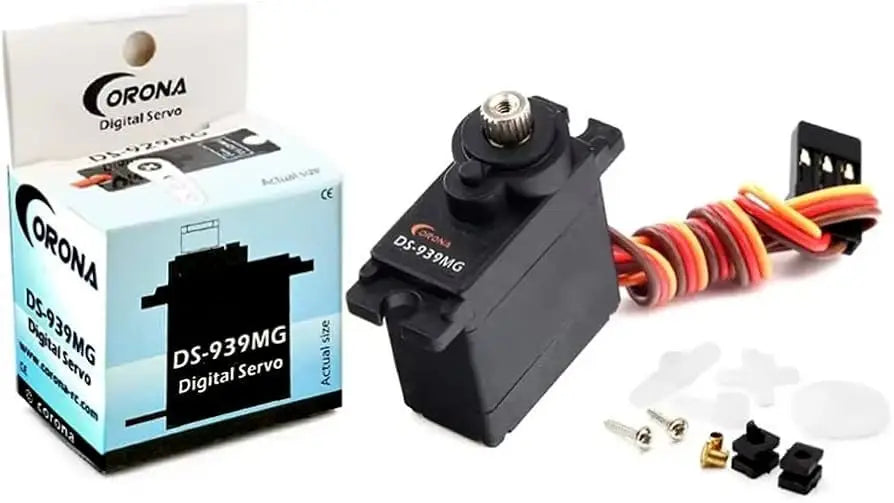 Digital servo with wiring and packaging labeled 'Corona' on a white background