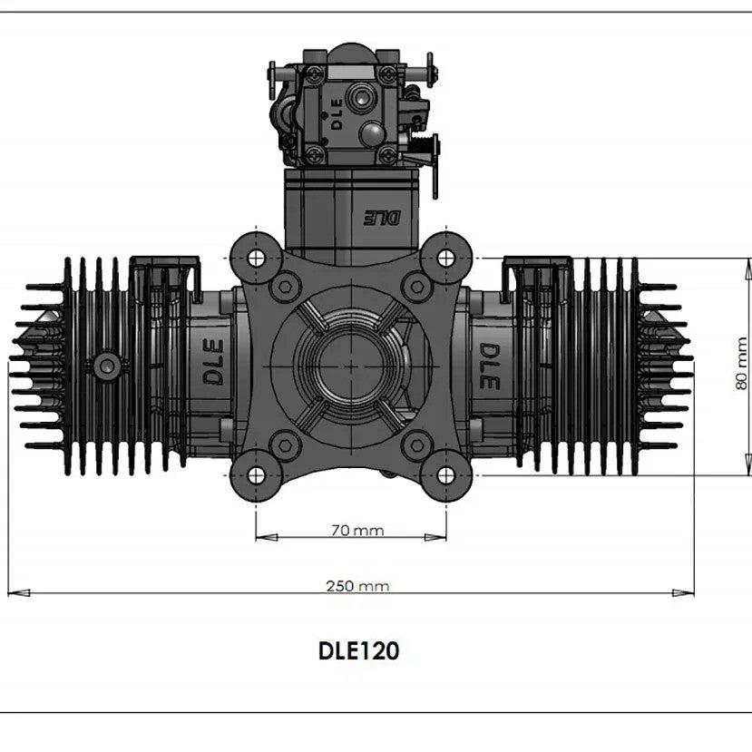 Technical dimension drawing of a DLE120 air compressor or engine component, showing front and side views with measurements labeled 250 mm, 70 mm, 50 mm, and 80 mm on a white background.