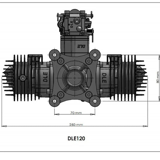Technical dimension drawing of a DLE120 air compressor or engine component, showing front and side views with measurements labeled 250 mm, 70 mm, 50 mm, and 80 mm on a white background.