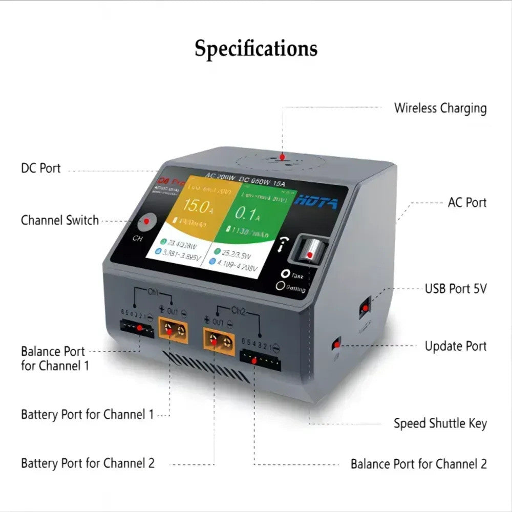Двоканальний розумний зарядний пристрій HOTA D6 Pro Smart Charger AC/DC 2x325W