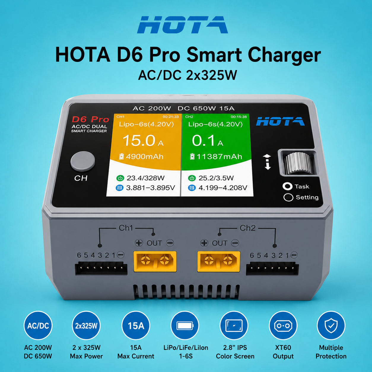 Двоканальний розумний зарядний пристрій HOTA D6 Pro Smart Charger AC/DC 2x325W
