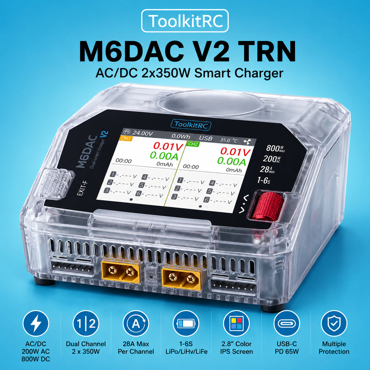 Двоканальний розумний зарядний пристрій ToolkitRC M6DAC V2 TRN AC/DC 2x350W