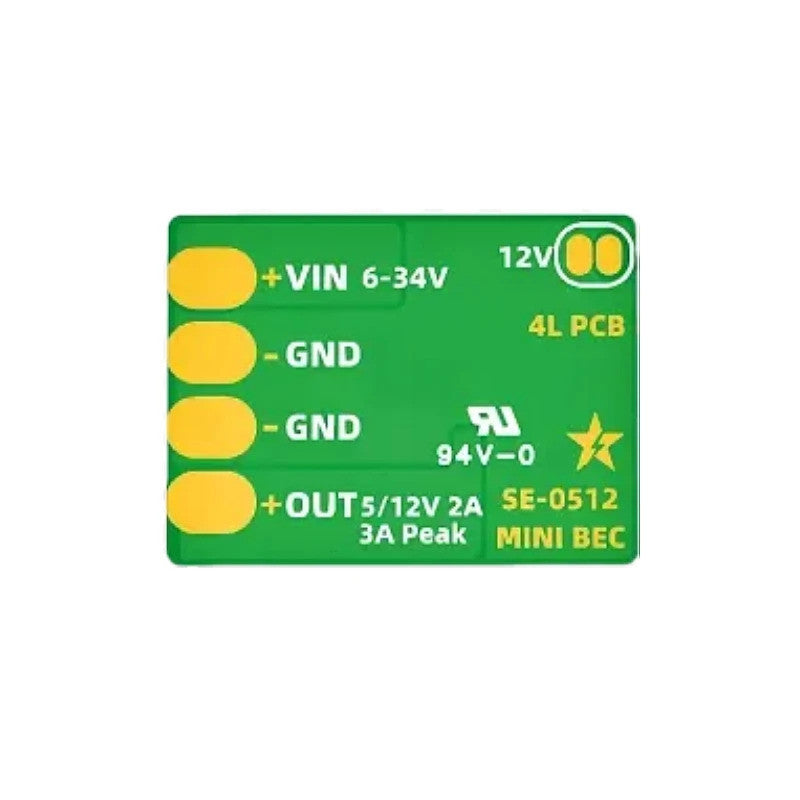 Стабілізатор XDINO SE-0512 Mini BEC — контакти VIN 6–34V, GND, OUT 5/12V і перемичка 12V