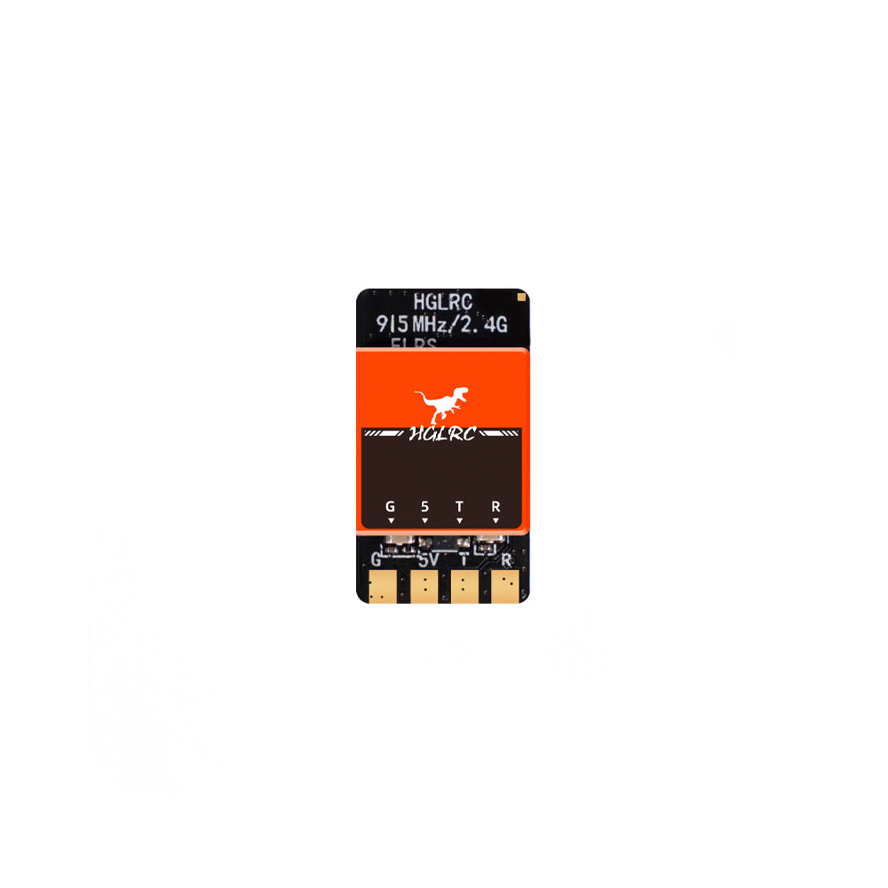 Приймач HGLRC ELRS Dual Band 915M/2.4G — зворотна сторона з контактами R, T, 5V, G