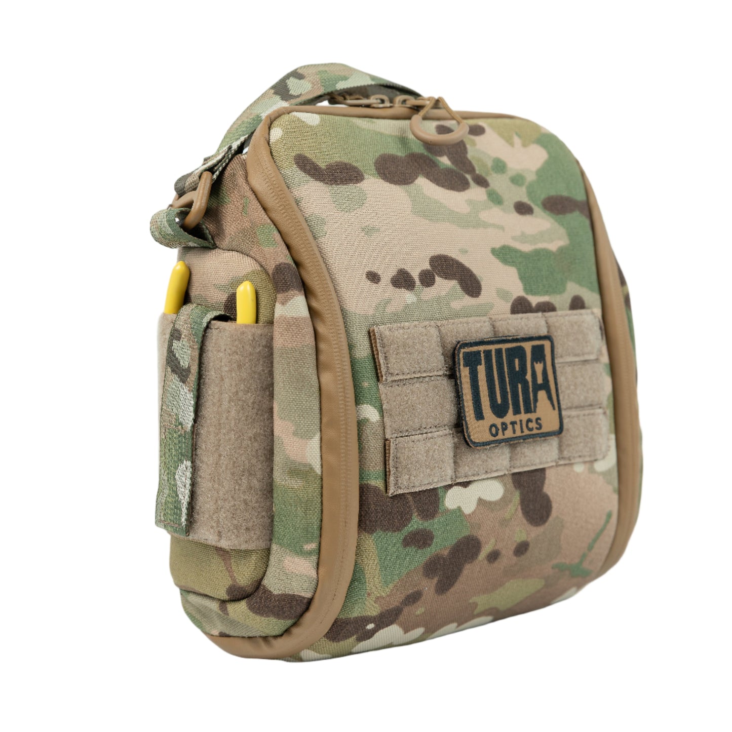Camouflage tactical pouch with Tura Optics logo on a white background