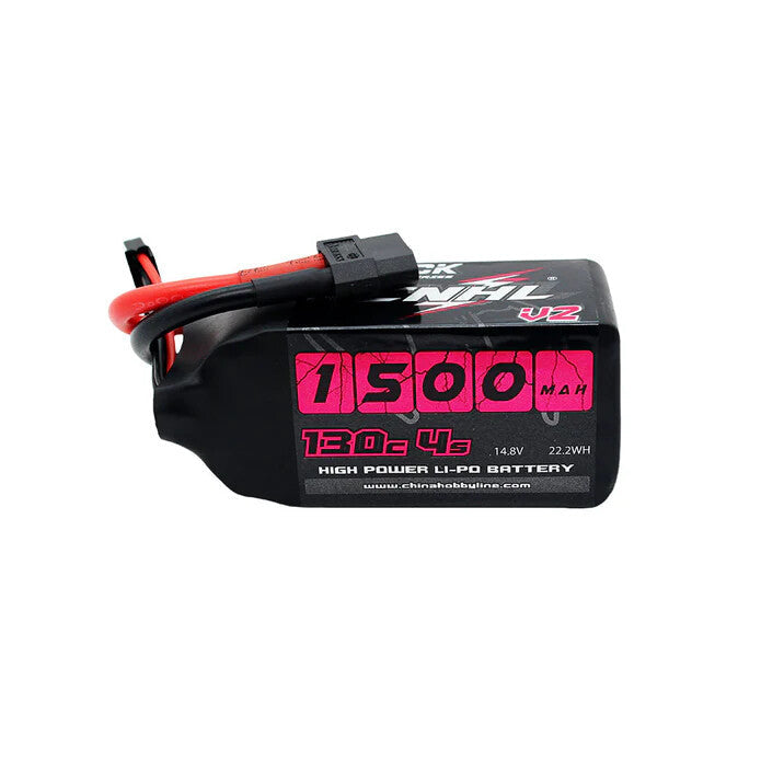 A black 1500mAh 12.6V LiPO battery with red and black wires and a black connector, featuring a pink and white label, shown on a white background.