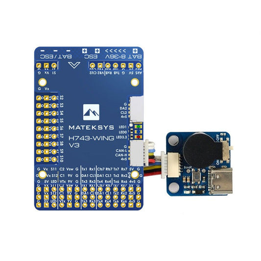 Electronic board with 'Matek Systems' logo on a white background