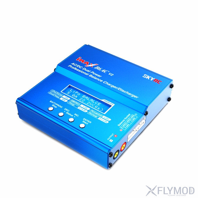 A blue Skyrc iMAX 16S Li-Cv AC-DC balanced charger and discharger unit with an LCD display screen and control buttons, shown on a white background.