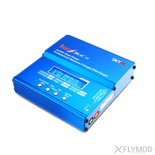 A blue Skyrc iMAX 16S Li-Cv AC-DC balanced charger and discharger unit with an LCD display screen and control buttons, shown on a white background.