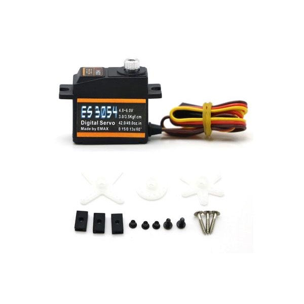 EMAX ES3054 servo — package contents with horns and screws