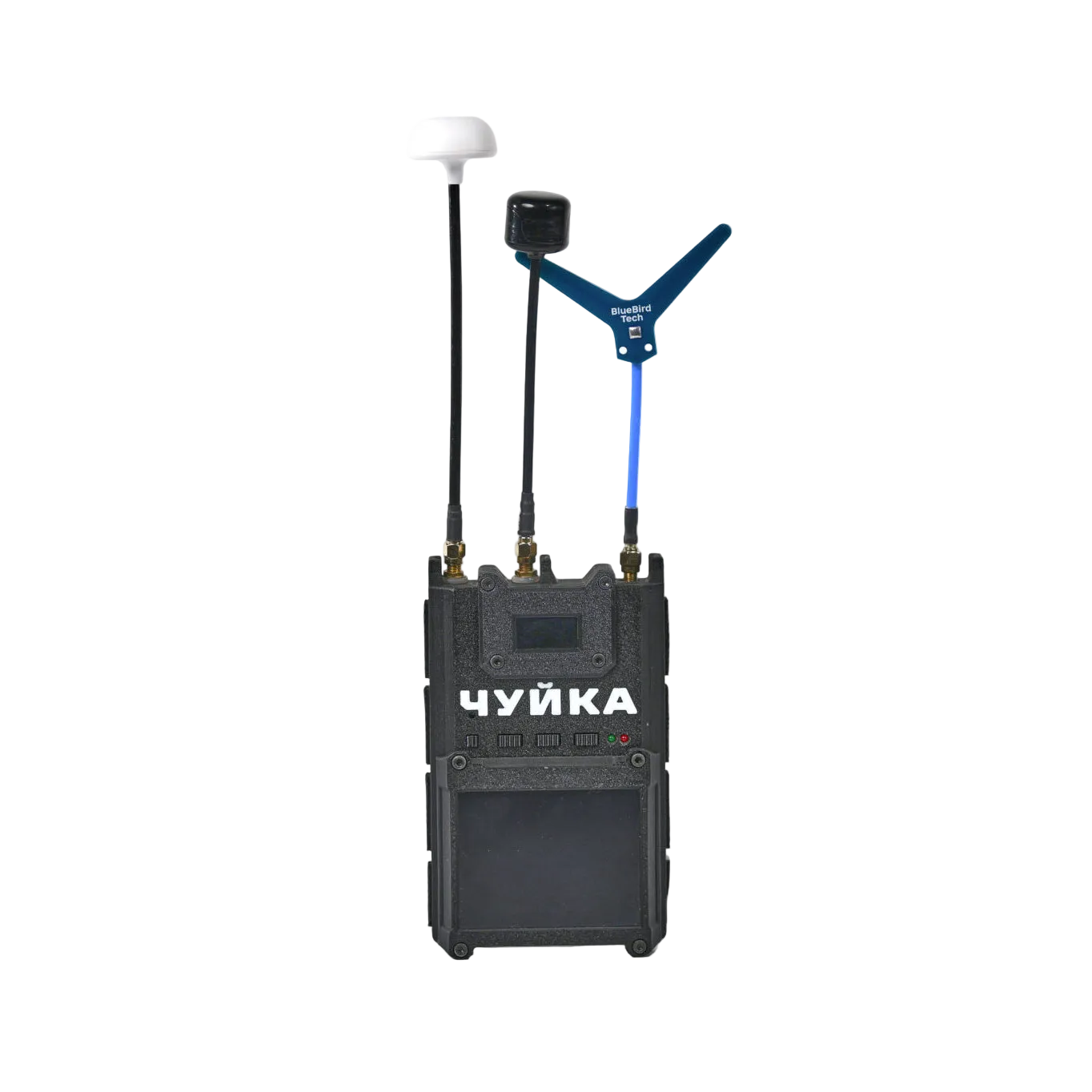 Black electronic device with antennas on a white background