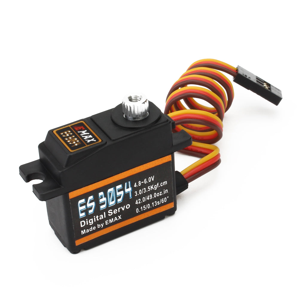 EMAX ES3054 servo — angled view with label and wire