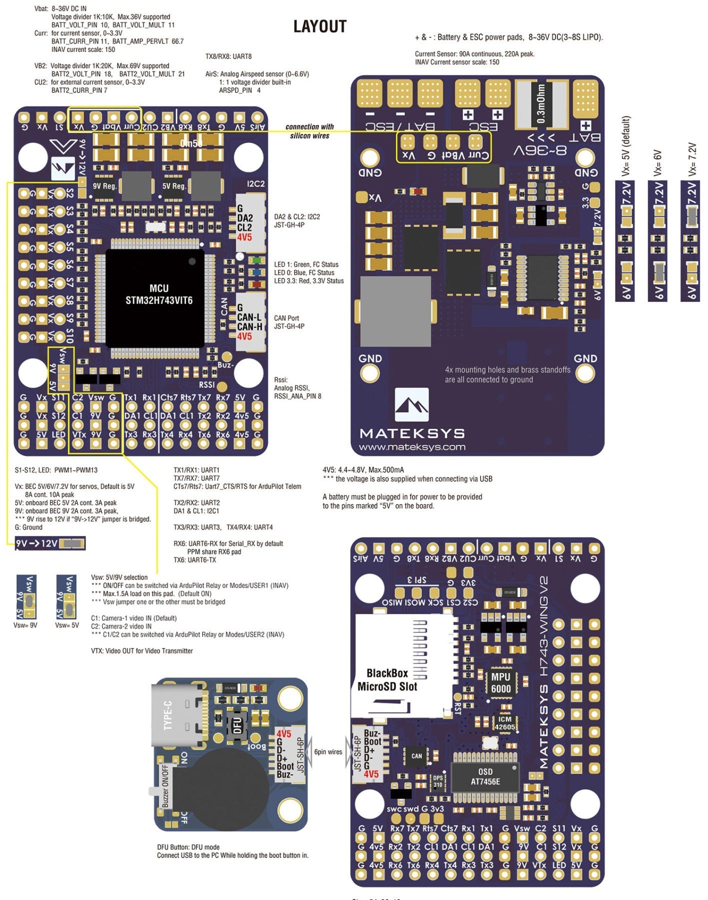 Technical diagram of a Matek Systems electronic board layout with various components and labels.