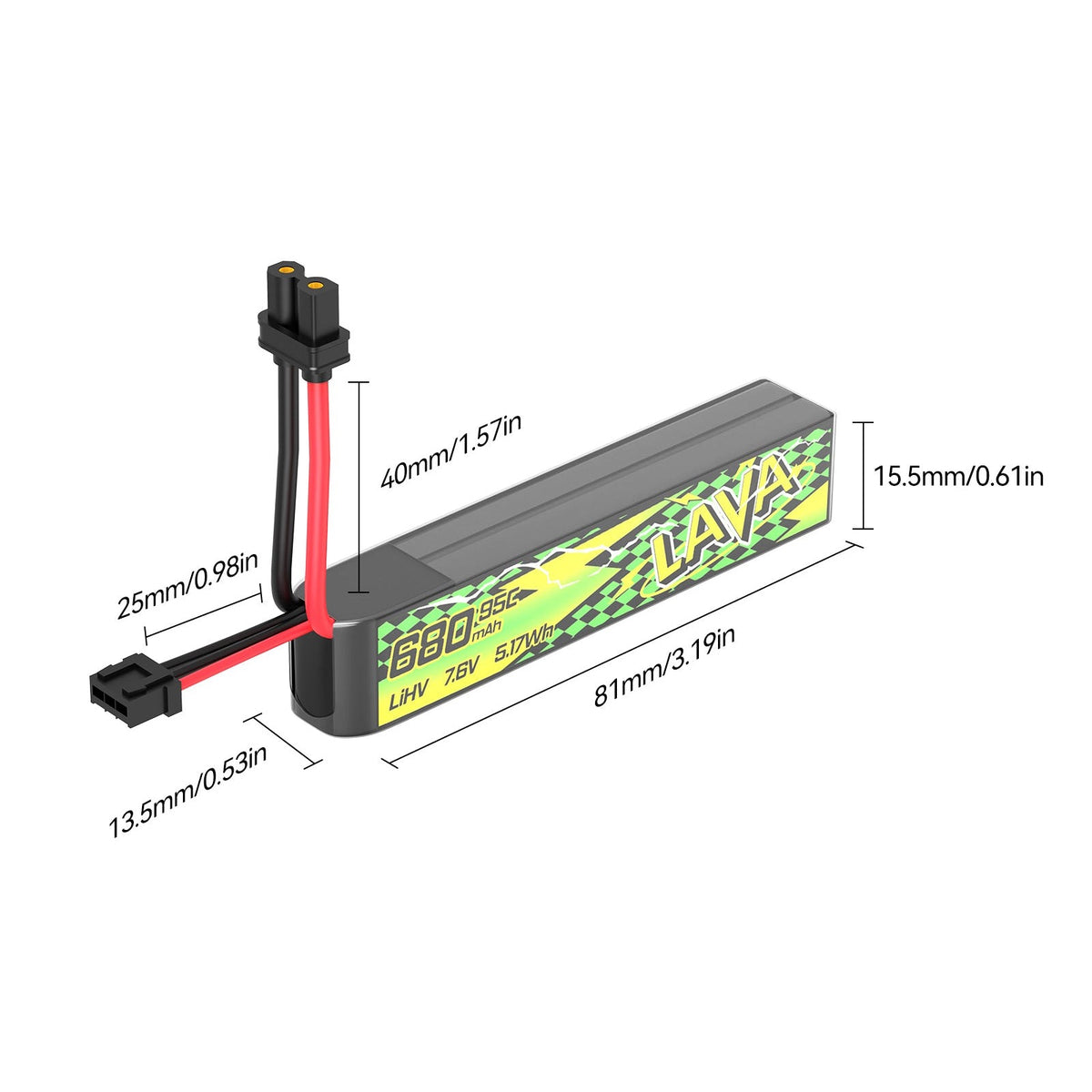 Акумулятор BetaFPV LAVA II 2S 680mAh — розміри 81 × 13.5 × 15.5 мм