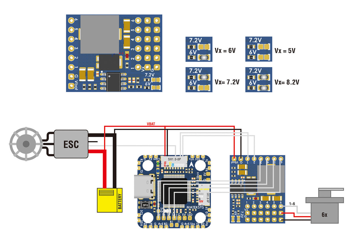Плата Matek Servo PDB — перемички напруги 5/6/7.2/8.2 В і схема підключення