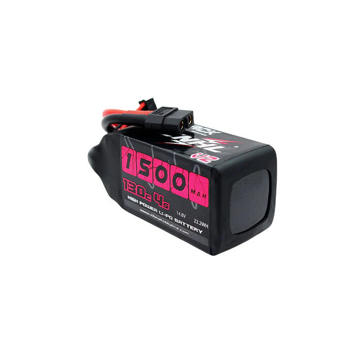 A black 1500 LiPo battery with a black connector and red/black wires, featuring a pink and white label with the text '1500 LiPO BATTERY' and 'HIGH POWER LPO BATTERY'.